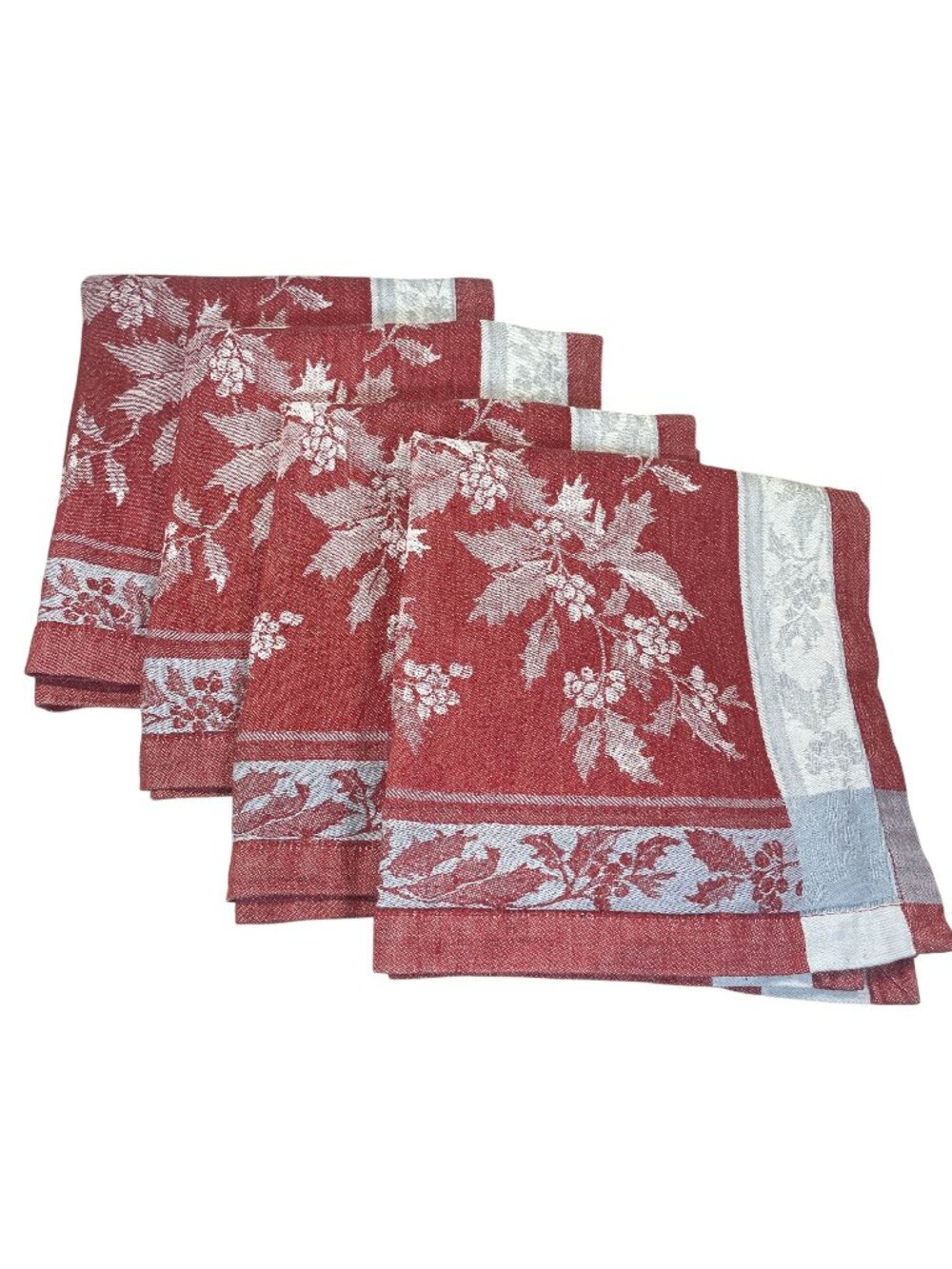 Williams Sonoma Holly Jacquard Napkins Linen Blend Red Gray Set of 4 Retired
